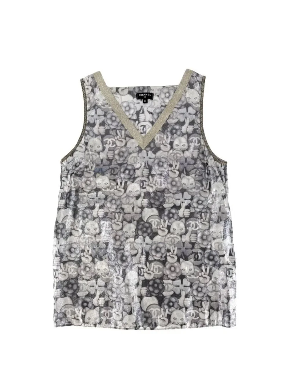 Chanel Tank Top Cat Hand Sign Sleeveless 34 Silver Gold Silk